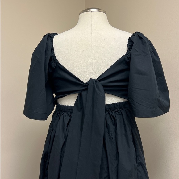 Abercrombie & Fitch Petite Navy Puff Sleeve Twist Front Bow Back A-Line Dress L - Picture 3 of 9